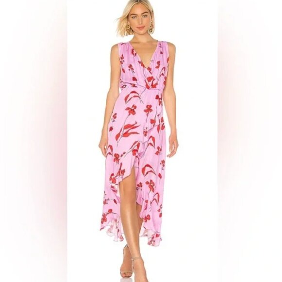 Parker Betty Dress Maxi Long Floral Print Faux Wrap Silk Blend Pink Size Medium - Picture 1 of 14
